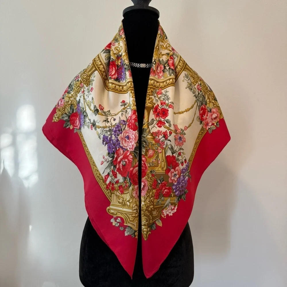 Trussardi Red and Gold Ornate Floral Scarf